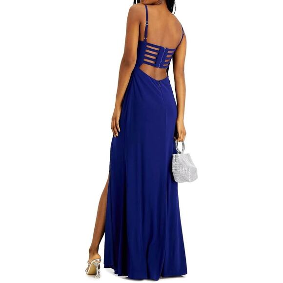Morgan & Co. Strappy Open Back Jersey Gown Junior's Plus Sz 15 Blue Maxi NWT - Picture 2 of 10